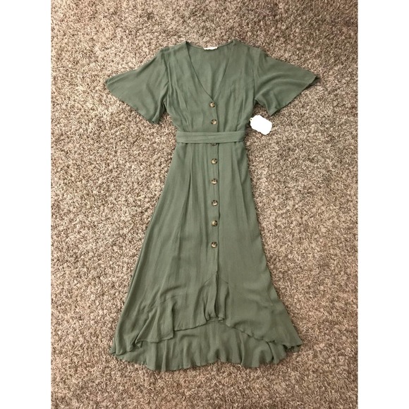 Altar’d State NWT button down, ruffle hem, olive green maxi dress - Picture 11 of 11